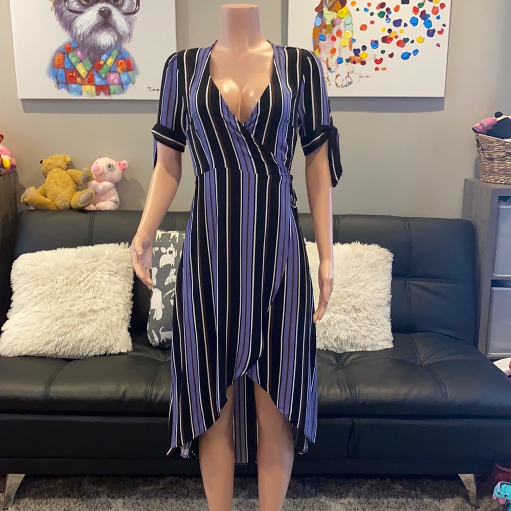 BEBE Blue Black and White Striped Midi Surplice Wrap Dress XS Tie Sleeves